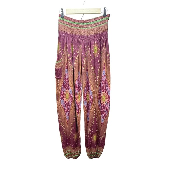 Boho Vib Other - Boho Vib Harem Pants L/XL Purple Mandala Peacock Smocked Waist Yoga Joggers